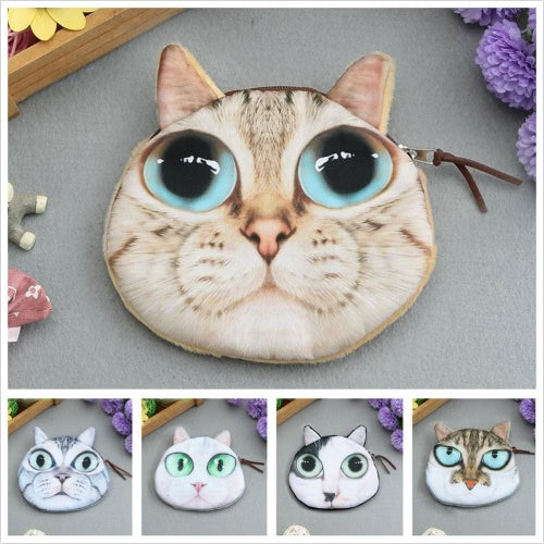 Cute Fashion Women Mini Coin Purse Wallet Cat Animal Head Print Zipper Closure Small Clutch Bag