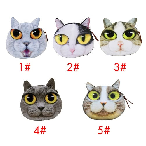 Cute Fashion Women Coin Purse Cat Animal Head Print Zipper Closure Mini Wallet Small Clutch Bag