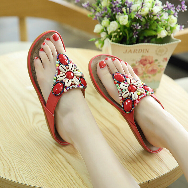 Bohemian Beaded Beach Sandals - Red