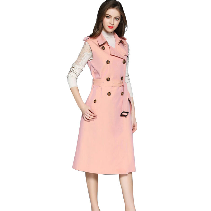 Fashionable Long Sleeveless Trench Coat - Pink