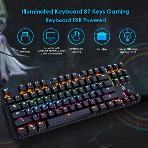 Illuminated Keyboard 87 Keys Gaming Keyboard USB Powered Operated Diverse Lighting Effect for Computer Laptop E-sports Compatible with WINDOWS XP/ WIN 7/ WIN 8/ WIN 10/ IOS System