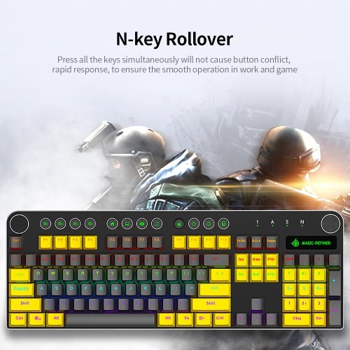 Magic-Refiner MK13 Wired Mechanical Keyboard 104 Keys Mixed Light Gaming Keyboard with Mechanical Blue Switch Black&Yellow