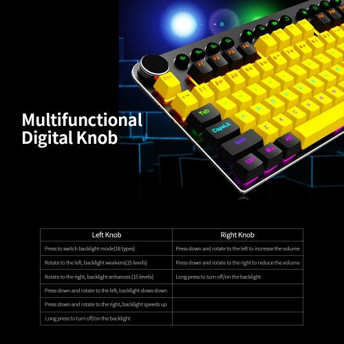 Magic-Refiner MK13 Wired Mechanical Keyboard 104 Keys Mixed Light Gaming Keyboard with Mechanical Blue Switch Black&Yellow