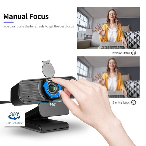 2K USB Webcam Manual Focus Web Camera with Privacy Cover Built-in Noise Reduction Microphone Drive-free Video Conference Camera