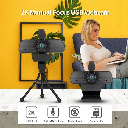 2K USB Webcam Manual Focus Web Camera with Privacy Cover Built-in Noise Reduction Microphone Drive-free Video Conference Camera