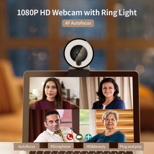 1080P HD Webcam with Ring Fill Light Autofocus Built in Microphone Webcam for Video/Live Streaming/Videoconferencing Smooth Type