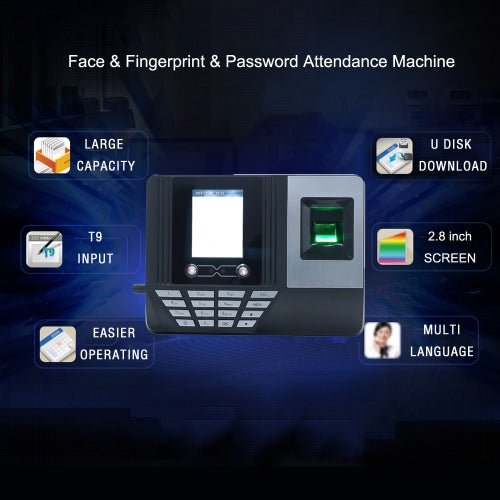 Face Fingerprint Password Attendance Machine Employee Checking-in Payroll Recorder 2.8 inch LCD Screen DC 5V Facial Recognition Time Attendance Clock