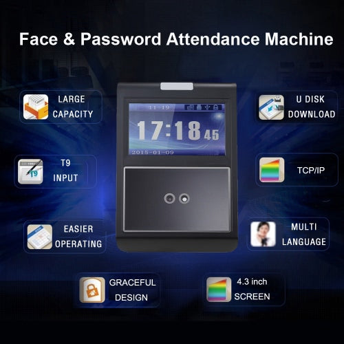 جهاز الحضور بالوجه وكلمة المرور، جهاز تسجيل الرواتب، TCP/IP، شاشة HVGA 4.3 بوصة، تيار مستمر 12 فولت، ساعة الحضور والتعرف على الوجه