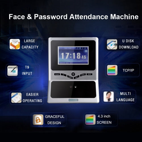 Face & Password Attendance Machine Employee Checking-in Payroll Recorder TCP/IP 4.3 inch HVGA Screen DC 12V Facial Recognition Time Attendance Clock