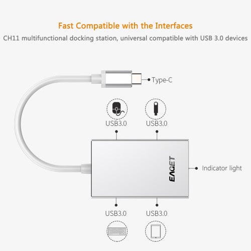 EAGET Multifunction Type-C to USB 3.0 4-Port Hub Male To Female Adapter Converter USB Splitter Docking Station with PD for MacBook Laptop PC