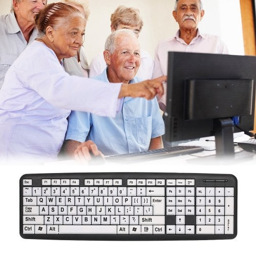 USB Wired Keyboard with Large White Keys Black Letters