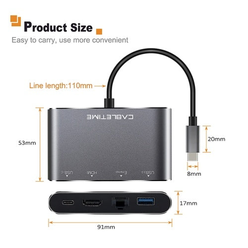 كابل تايم 4 في 1 USB C إلى HDMI USB 3.0 Hub محول Lan RJ45 شبكة نوع C إلى محول إيثرنت مع منفذ HDMI 4K لأجهزة عرض HDTV