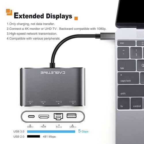 كابل تايم 4 في 1 USB C إلى HDMI USB 3.0 Hub محول Lan RJ45 شبكة نوع C إلى محول إيثرنت مع منفذ HDMI 4K لأجهزة عرض HDTV