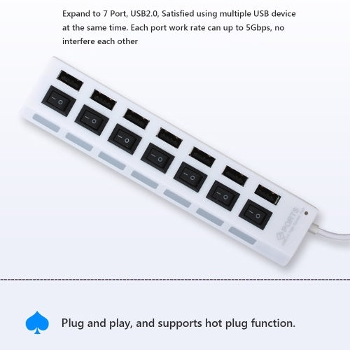 JDL-A7 HUB USB Hub 7 منافذ USB 2.0 مؤشر تبديل مستقل عالي السرعة فائق النحافة موزع فاصل مع كابل USB لسطح المكتب والكمبيوتر المحمول وماوس USB وماسح ضوئي وكاميرا رقمية U Disk ولوحة مفاتيح USB والمزيد