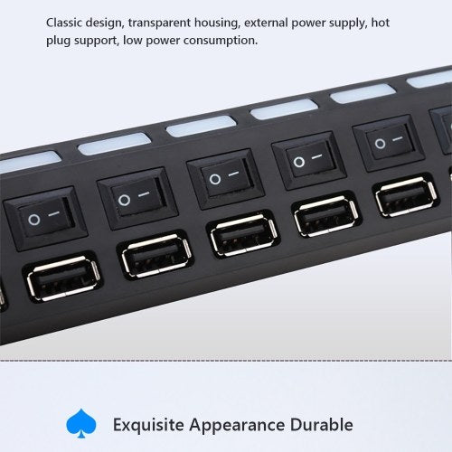 JDL-A7 HUB USB Hub 7 منافذ USB 2.0 مؤشر تبديل مستقل عالي السرعة فائق النحافة موزع فاصل مع كابل USB لسطح المكتب والكمبيوتر المحمول وماوس USB وماسح ضوئي وكاميرا رقمية U Disk ولوحة مفاتيح USB والمزيد