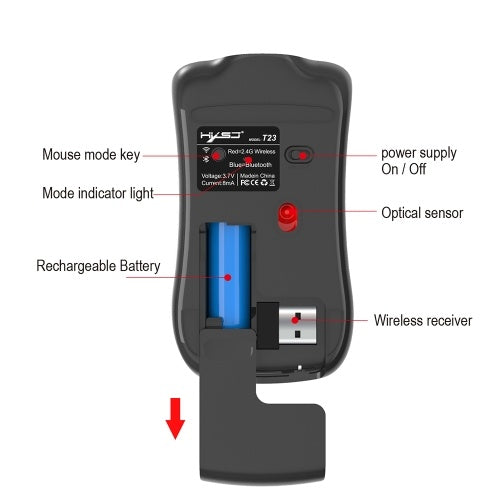 HXSJ T23 Dual Mode Wireless Mouse BT 4.0 2.4G Optical Mouse Ergonomic Rechargeable Mice 1600DPI(Blue)