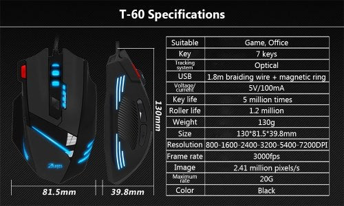 ZELOTES T-60 7200DPI Wired Gaming Mouse USB Computer LED Backlight Mice