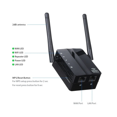 WiFi Repeater Wireless 300Mbps Router AP Mode WiFi Extender 2.4G Wireless Repeater (Black)