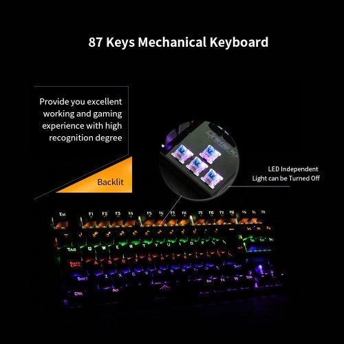 Backlit Mechanical Gaming Keyboard Blue Switch 87 Keys Ergonomic Keyboard Suspended Keys with Hand Wrist(Black)