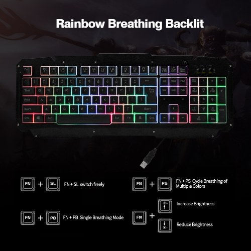 USB Wired Keyboard Rainbow Backlit with Metal Panel Suspended Keys for PC Computer(Black)