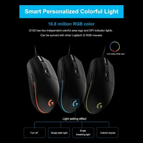 Logitech G102 Wired Gaming Mouse RGB Mice Optical 8000DPI 16.8M Color LED   Customizing 6 Programmable Buttons (Black)