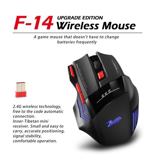 Zelotes F-14 Wireless Gaming Mouse Upgrade Edition Rechargeable Mice Adjustable 4000DPI Optical 2.4G Wireless Technology 30m