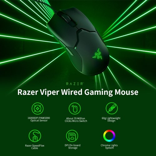 ماوس ألعاب سلكي من Razer Viper بقوة 16000 نقطة في البوصة RGB ماوس كمبيوتر PAW3390 مستشعر بصري 60 جرام كابل SpeedFlex خفيف الوزن DPI على اللوحة نظام أضواء كروما للتخزين باللون الأسود