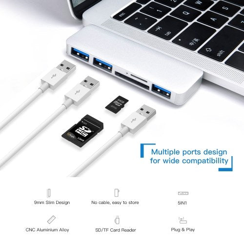 5IN1 متعدد المنافذ USB-C HUB إلى USB 3.0 Type-C محول محول SD TF قارئ بطاقات التوصيل والتشغيل