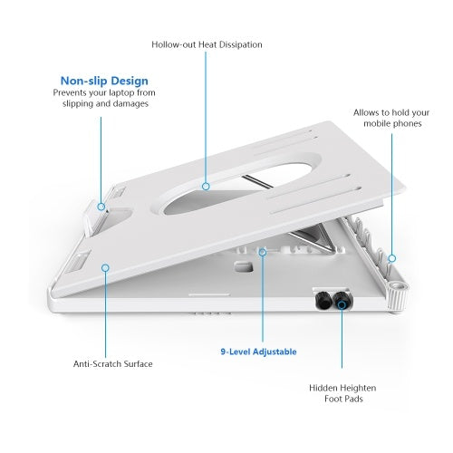 حامل كمبيوتر محمول قابل للتعديل من Olmaster HY-AP9001-B ذو 9 مستويات قابل للطي ومحمول وغير قابل للانزلاق يدعم حامل تبديد الحرارة المجوف للهواتف المحمولة/أجهزة الكمبيوتر المحمولة/الكمبيوتر اللوحي مقاس 12-17 بوصة مع حامل للقدم