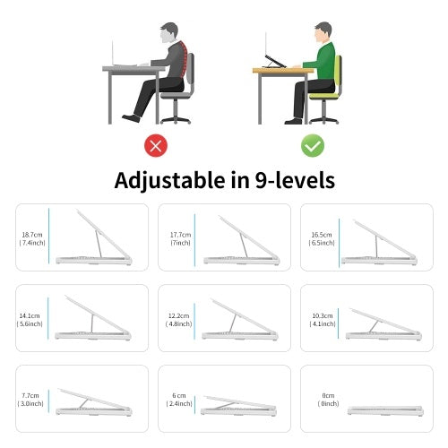 حامل كمبيوتر محمول قابل للتعديل من Olmaster HY-AP9001-B ذو 9 مستويات قابل للطي ومحمول وغير قابل للانزلاق يدعم حامل تبديد الحرارة المجوف للهواتف المحمولة/أجهزة الكمبيوتر المحمولة/الكمبيوتر اللوحي مقاس 12-17 بوصة مع حامل للقدم