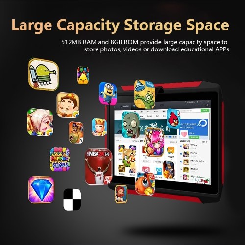 7 inch Kids Tablet Android 4.4 OS Learning Tablet 1024*600 Resolution 512MB+8GB Storage WiFi/BT Connection Black US Plug