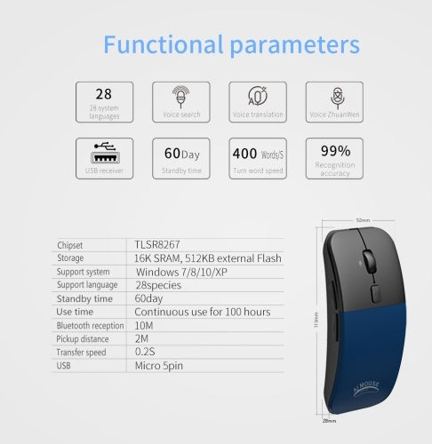 BM01 AI International Voice Mouse Wireless Translation Mice Multiple Languages Translator Voice Type Speech Search Grey