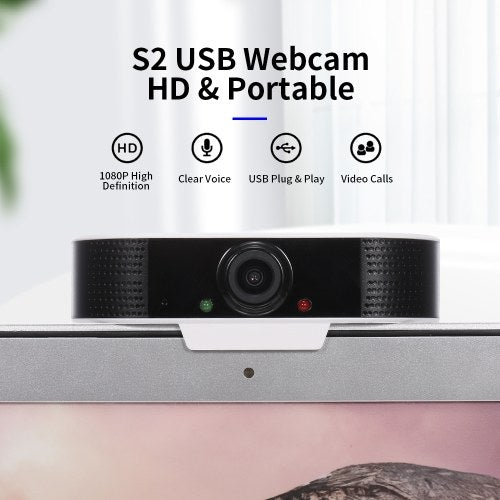 S2 1080P Ultra-HD Computer Webcam Wide Angle Portable High-Definition Camera USB Built-in Microphone Notebook Laptop PC Desktop Computer Web Video Camera USB Plug & Play for Online Conferences Meeting Video Call Live Streaming