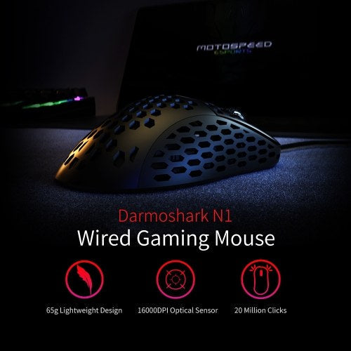 DarmoShark N1 65g Lightweight Mouse 16000DPI Gaming PAW3389 Optical Sensor Mice for Laptop Desktop Black