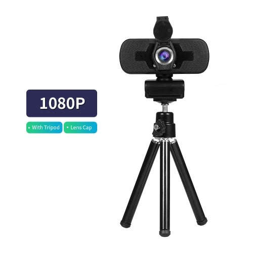 1080P HD Wide-angle Webcam Video Conference Camera USB Plug & Play with Lens Cap & Tripod for Laptop Desktop TV Box