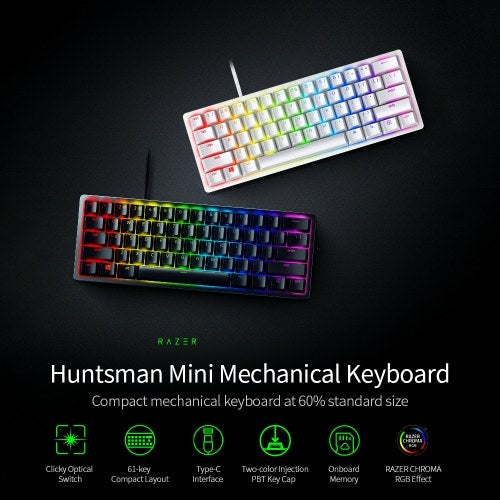 لوحة مفاتيح ميكانيكية صغيرة من Razer Huntsman، مفتاح بصري Clicky، 61 مفتاحًا، لوحة مفاتيح سلكية RGB لأجهزة الكمبيوتر المحمول باللون الأسود