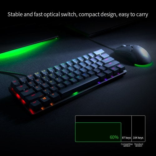 لوحة مفاتيح ميكانيكية صغيرة من Razer Huntsman، مفتاح بصري Clicky، 61 مفتاحًا، لوحة مفاتيح سلكية RGB لأجهزة الكمبيوتر المحمول باللون الأسود