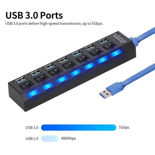 7 منافذ USB 3.0 HUB USB Splitter 7 منافذ المتوسع مع مفتاح للكمبيوتر الشخصي