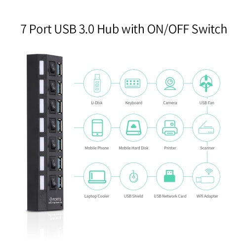 7 منافذ USB 3.0 HUB USB Splitter 7 منافذ المتوسع مع مفتاح للكمبيوتر الشخصي