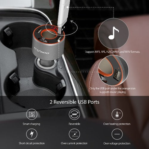 CACAGOO Wireless 4.2 FM Transmitter Stereo Hands-Free Car Charger Flash Drive MP3 Player