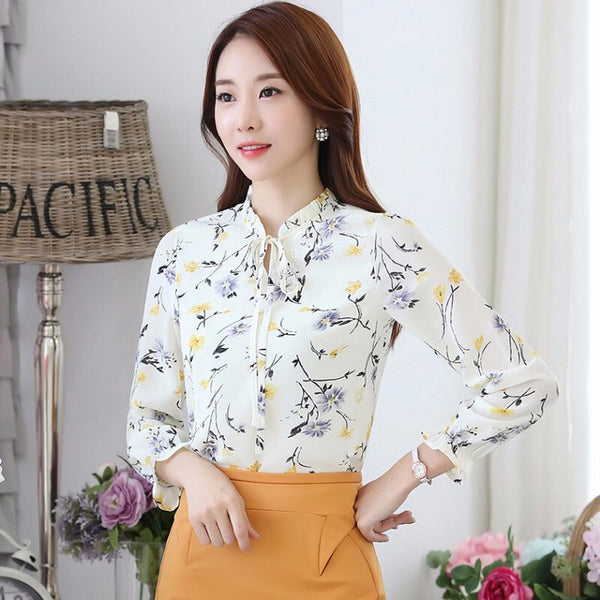 Chiffon Floral Long Sleeve Blouse - Light Yellow