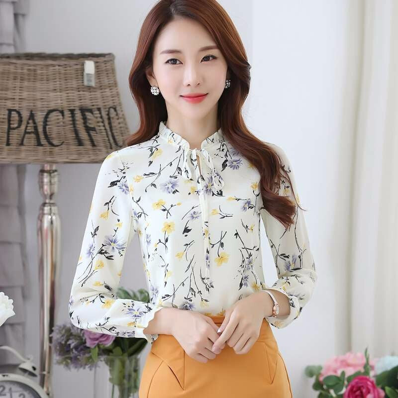 Chiffon Floral Long Sleeve Blouse - Light Yellow