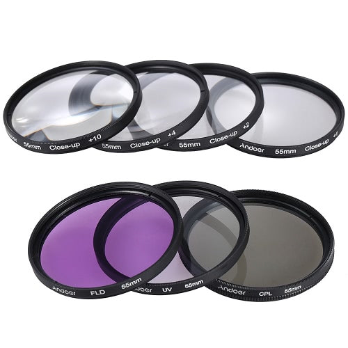 Andoer 55mm UV + CPL + FLD + Close-up Lens Filter Kit with Carry Pouch  Lens Cap Holder Tulip Rubber Hoods Cleaning Cloth