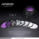 Andoer 55mm UV + CPL + FLD + مجموعة مرشح عدسة مقربة مع حقيبة حمل غطاء العدسة وحامل غطاء مطاطي من التوليب قطعة قماش للتنظيف