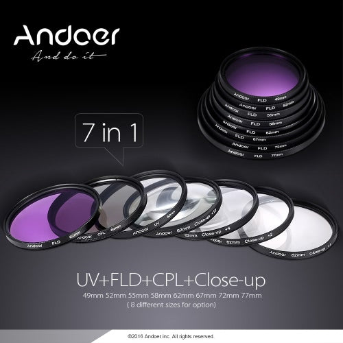 Andoer 55mm UV + CPL + FLD + مجموعة مرشح عدسة مقربة مع حقيبة حمل غطاء العدسة وحامل غطاء مطاطي من التوليب قطعة قماش للتنظيف