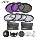 Andoer 55mm UV + CPL + FLD + مجموعة مرشح عدسة مقربة مع حقيبة حمل غطاء العدسة وحامل غطاء مطاطي من التوليب قطعة قماش للتنظيف