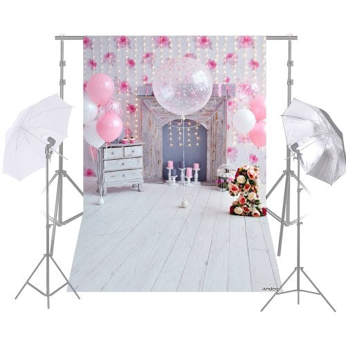 Andoer 1.5 * 2.1m/5 * 7ft Birthday Party Photography Background Pink Balloon Light Bulb Flower Fireplace Wood Floor Children Baby Backdrop Photo Studio Pros