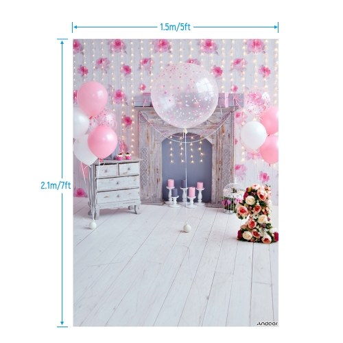 Andoer 1.5 * 2.1m/5 * 7ft Birthday Party Photography Background Pink Balloon Light Bulb Flower Fireplace Wood Floor Children Baby Backdrop Photo Studio Pros