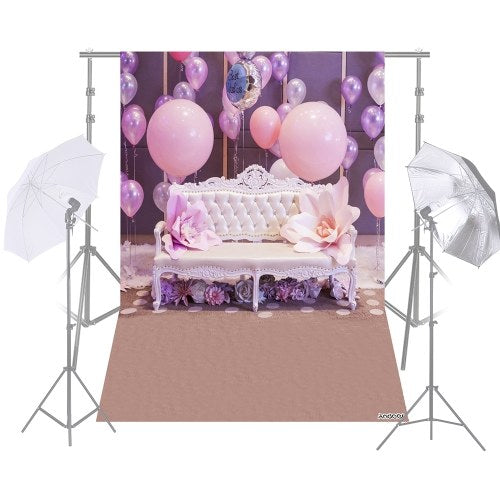 Andoer 1.5 * 2.1m/5 * 7ft Birthday Party Photography Background Pink Balloon Light Bulb Flower Fireplace Wood Floor Children Baby Backdrop Photo Studio Pros