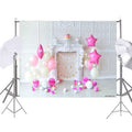 Andoer 1.5 * 2.1m/5 * 7ft Birthday Party Photography Background Pink Balloon Light Bulb Flower Fireplace Wood Floor Children Baby Backdrop Photo Studio Pros